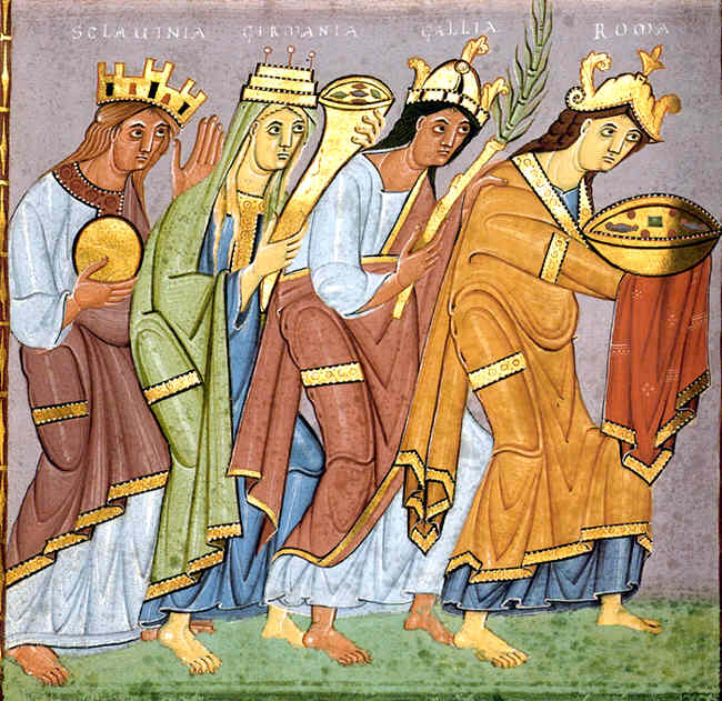 Depiction of an early Slav as a personification of "Sclavinia", from Otto's Gospel Book, 990 AD. Public domain